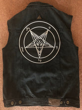 Load image into Gallery viewer, The Satanic Jacket: Hack Off Your Sleeves For Satan! Black Denim Cut-Off Battle Jacket
