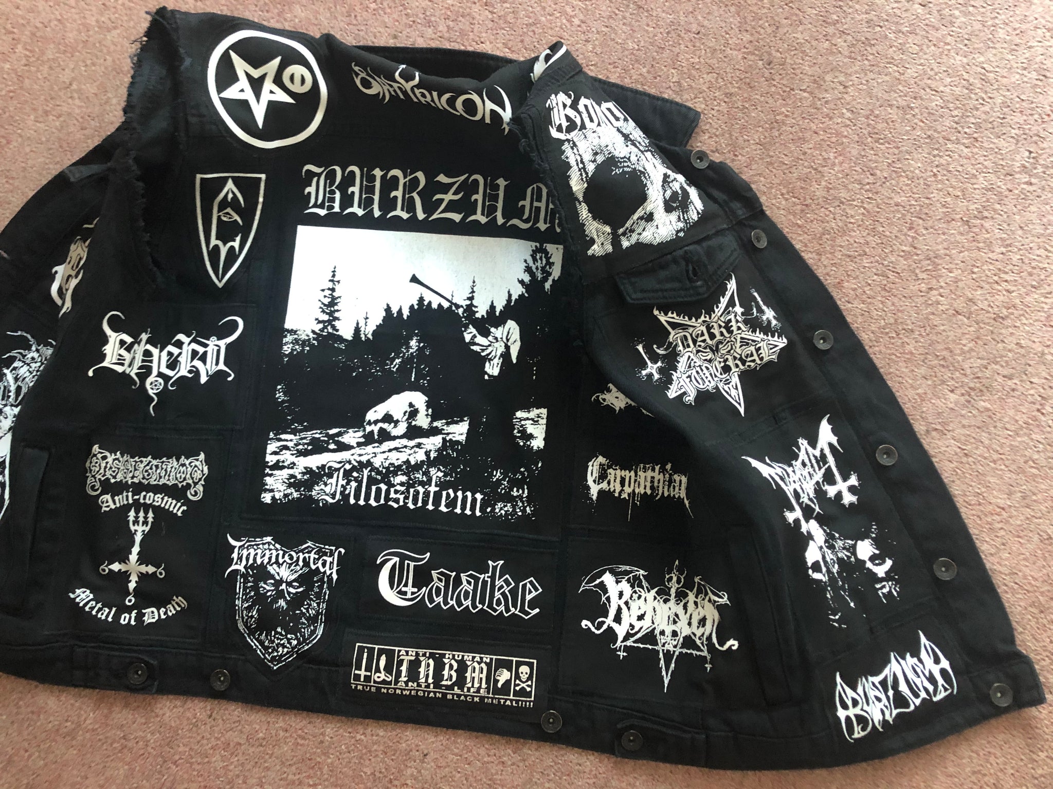 Black Metal Battle Jacket Cut-Off Denim Vest Burzum Mayhem Bathory