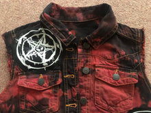 Load image into Gallery viewer, Satanic Jacket: Womens&#39; Black &#39;n&#39; Red Tie-Bleach Denim Cut-Off Pentagram Baphomet
