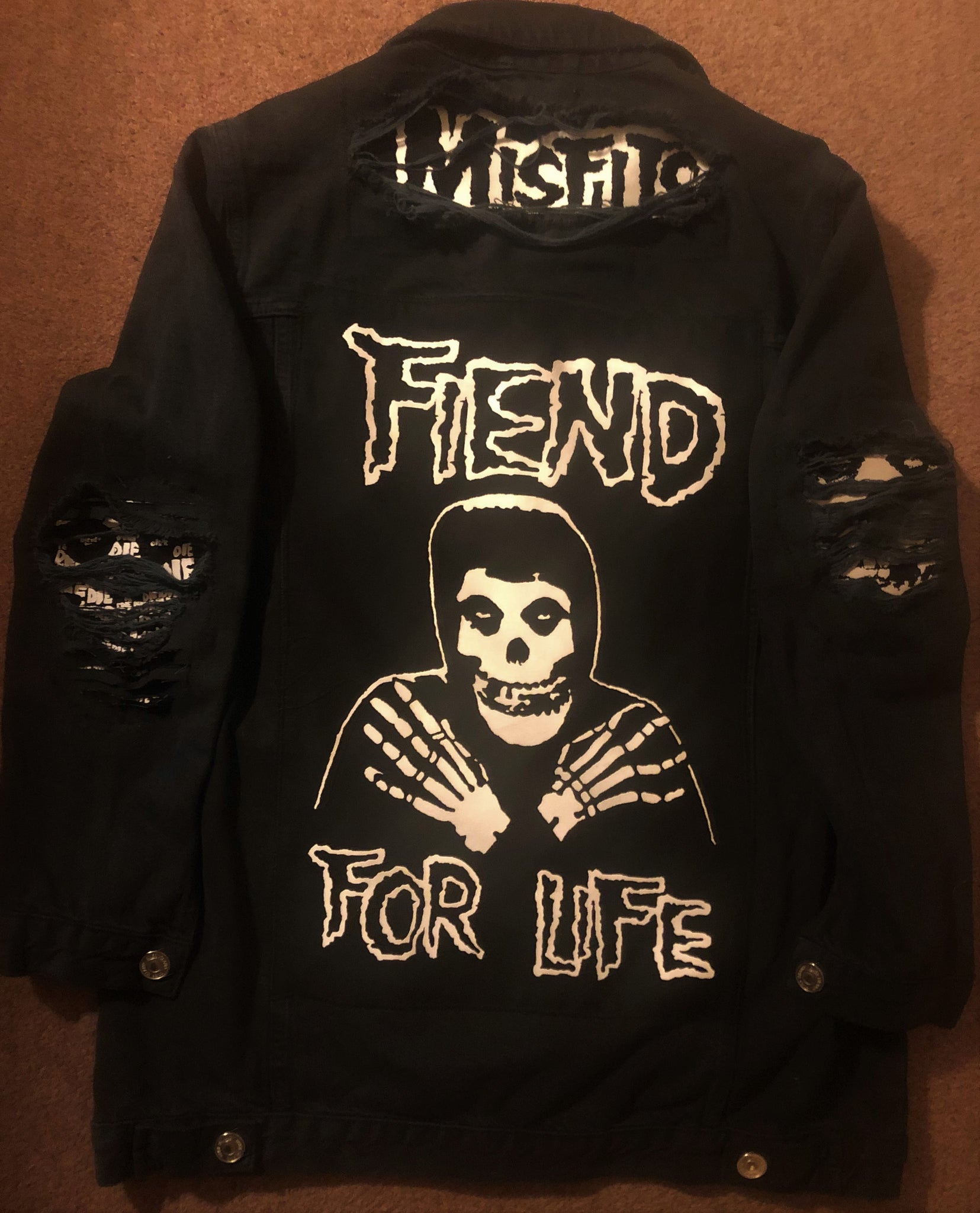 Misfits Fiend Club Distressed Slashed Denim Jacket Crimson Ghost