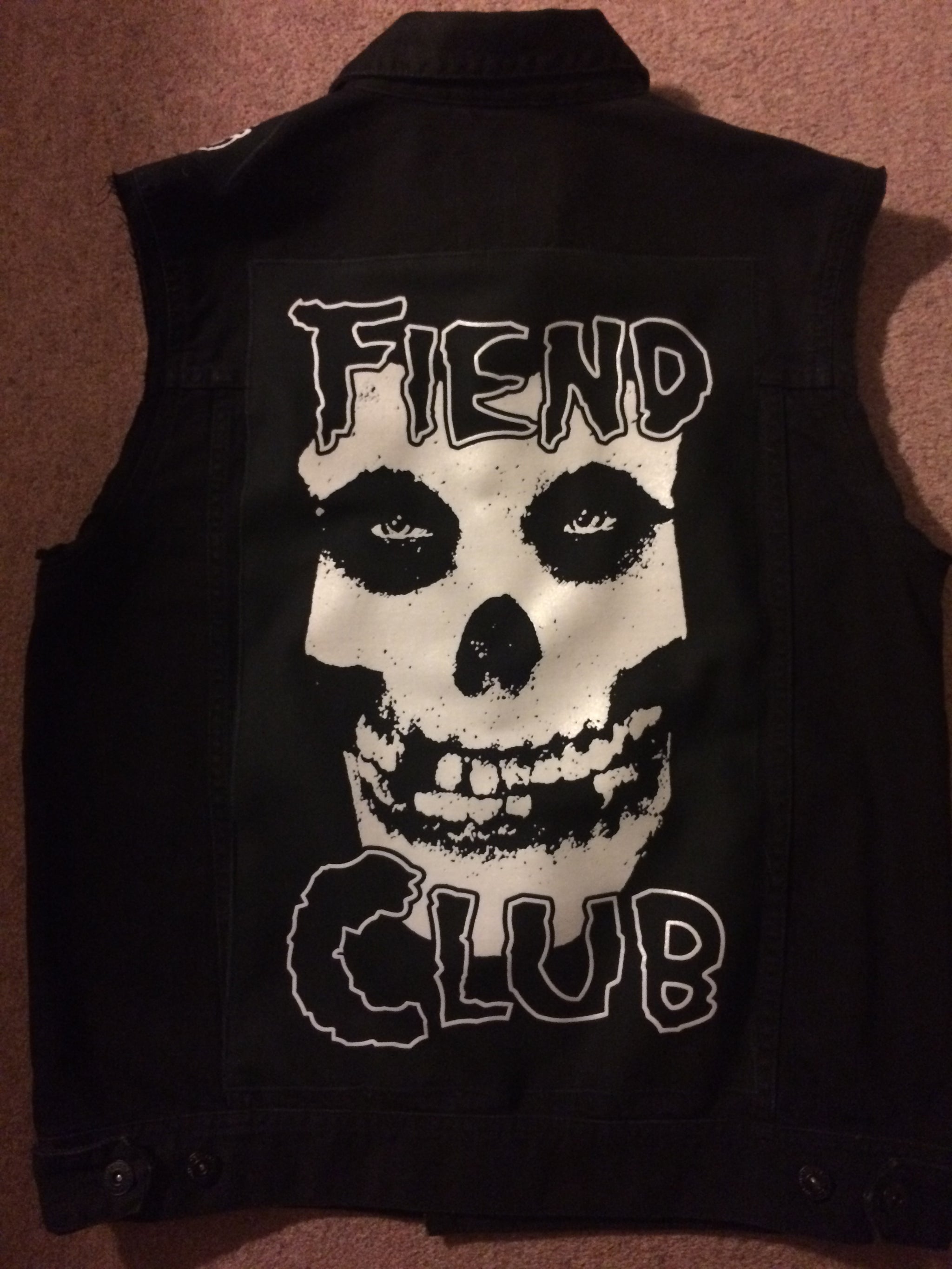 Misfits Fiend Club For Life Crimson Ghost Black Denim Vest Cut Off Bat Creatin For Satan