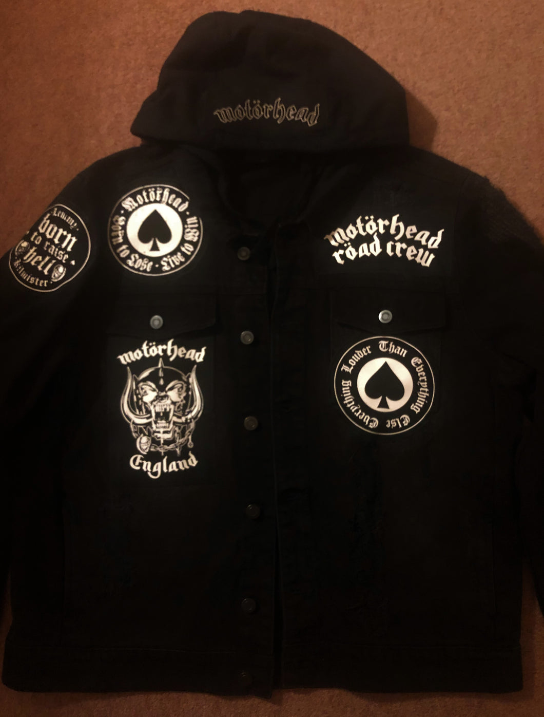 Motörhead Road Crew Distressed Slashed Hooded Denim Jacket Ace Of Spades
