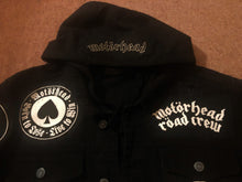 Load image into Gallery viewer, Motörhead Road Crew Distressed Slashed Hooded Denim Jacket Ace Of Spades
