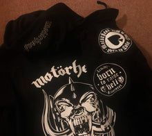 Load image into Gallery viewer, Motörhead Road Crew Distressed Slashed Hooded Denim Jacket Ace Of Spades
