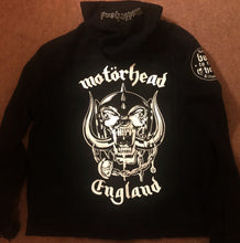 Load image into Gallery viewer, Motörhead Road Crew Distressed Slashed Hooded Denim Jacket Ace Of Spades
