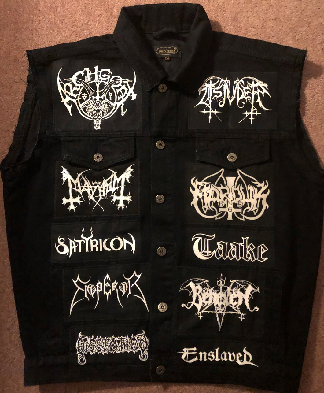 Black Metal Battle Jacket Cut-Off Denim Vest Bathory Hordes Rocker +10 Marduk Mayhem Emperor