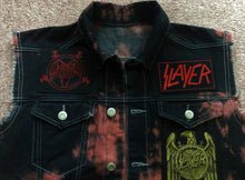 Load image into Gallery viewer, Slayer Raining Blood Red Tie-Bleach Patch Battle Jacket Cut-Off Denim
