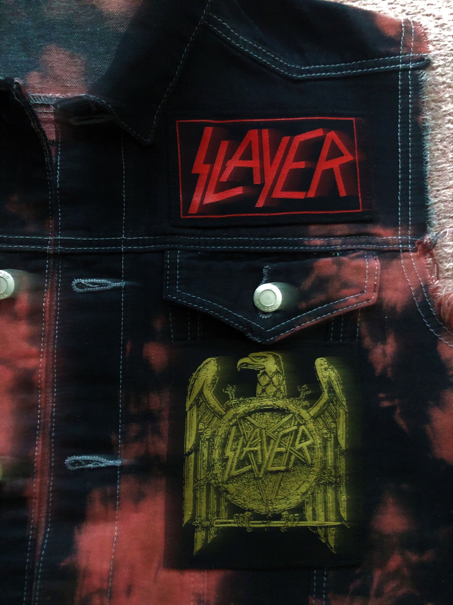 Slayer Reign In Blood Red Tie-Bleach Patch Battle Jacket Cut-Off Denim –  Creatin' For Satan