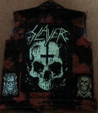 Load image into Gallery viewer, Slayer Raining Blood Red Tie-Bleach Patch Battle Jacket Cut-Off Denim
