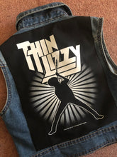 Load image into Gallery viewer, Thin Lizzy Black Rose Womens&#39; Denim Cut-Off Waistcoat Phil Lynott Silouette
