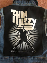 Load image into Gallery viewer, Thin Lizzy Black Rose Womens&#39; Denim Cut-Off Waistcoat Phil Lynott Silouette
