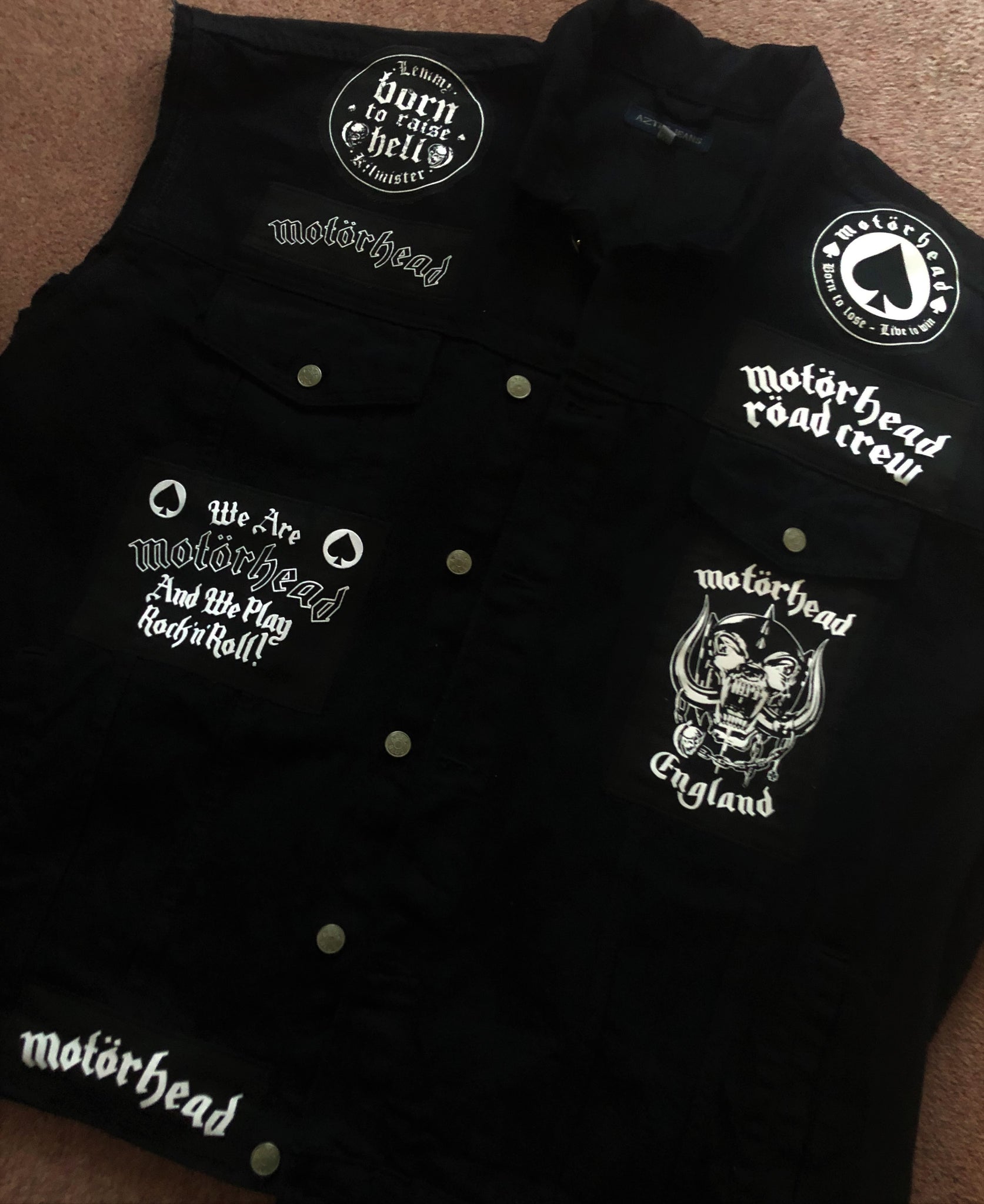 Motorhead Mens' Black Denim Cut-Off Jacket War-Pig Patch Waistcoat Ace  Spades