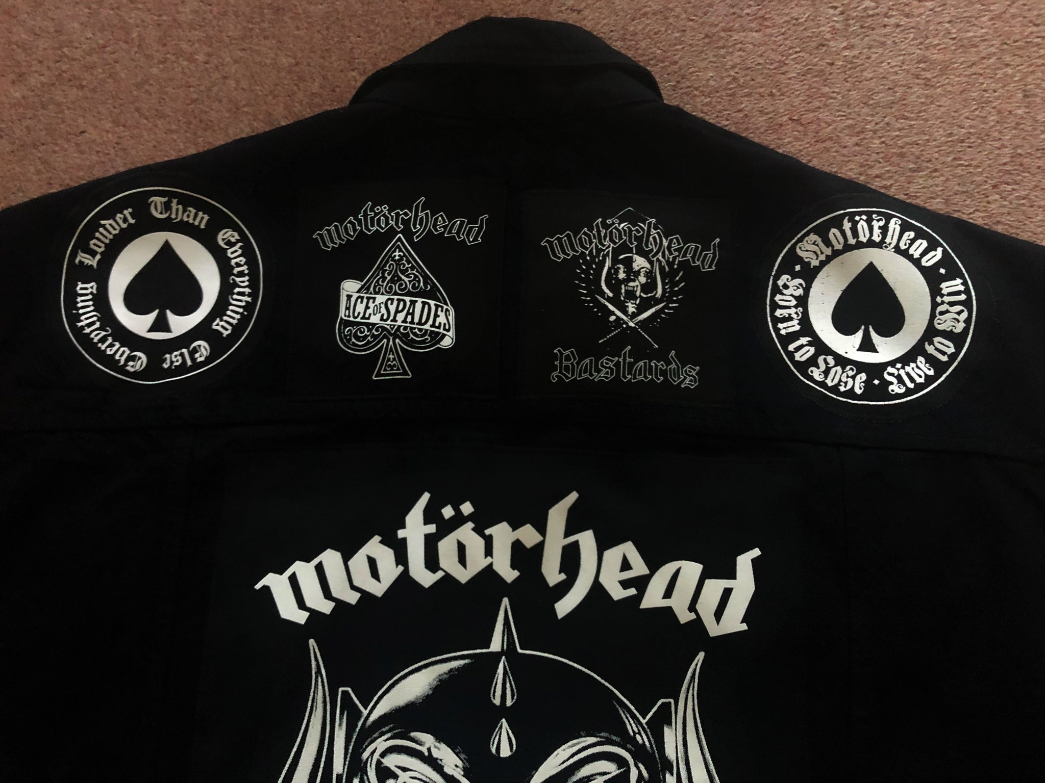 Motorhead Mens' Black Denim Cut-Off Jacket War-Pig Patch Waistcoat Ace  Spades