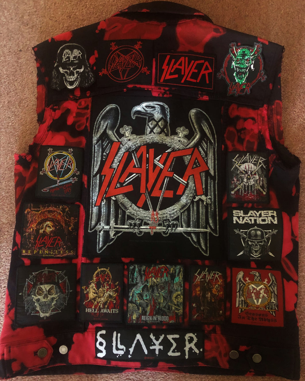 Slayer Reign In Blood Red Tie-Bleach Patch Battle Jacket Cut-Off Denim