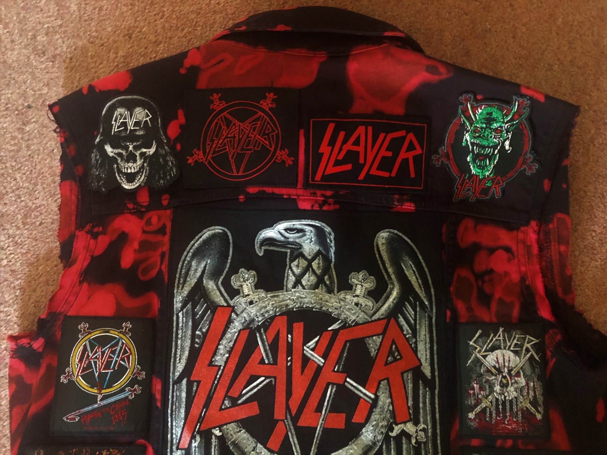 Slayer Reign In Blood Red Tie-Bleach Patch Battle Jacket Cut-Off Denim –  Creatin' For Satan