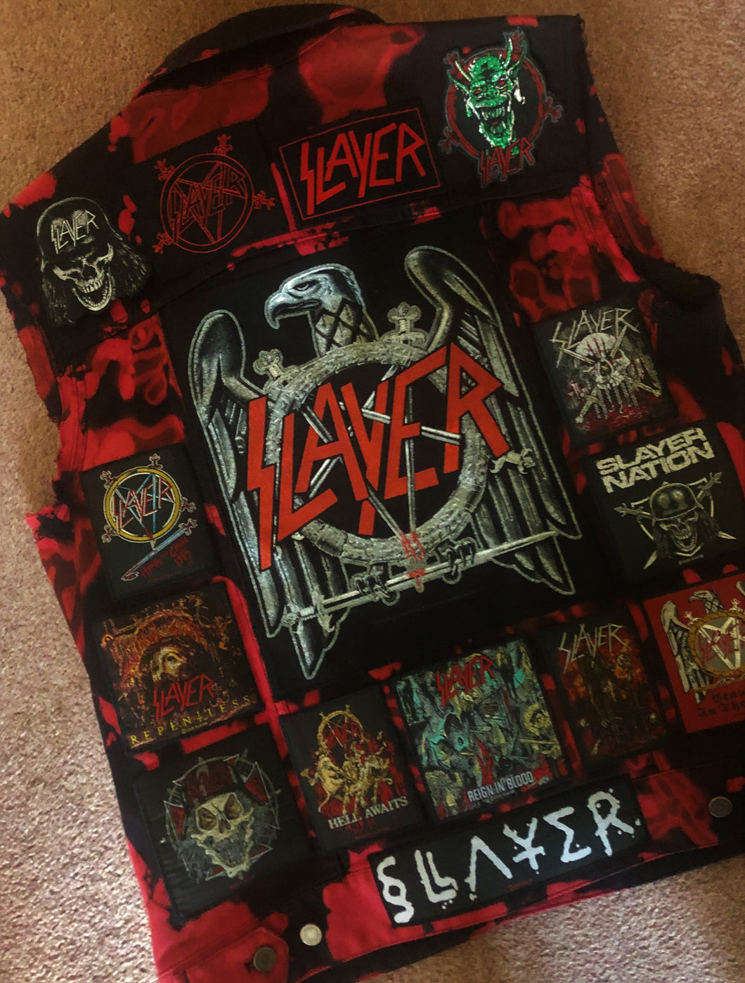Slayer Reign In Blood Red Tie-Bleach Patch Battle Jacket Cut-Off Denim 2XL+