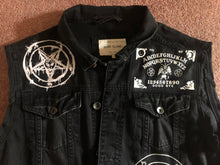 Load image into Gallery viewer, The Satanic Jacket: Hack Off Your Sleeves For Satan! Black Denim Cut-Off Battle Jacket
