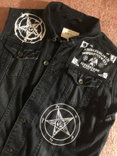 Load image into Gallery viewer, The Satanic Jacket: Hack Off Your Sleeves For Satan! Black Denim Cut-Off Battle Jacket
