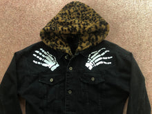 Load image into Gallery viewer, Misfits Leopardskin Fur Hooded Black Denim Jacket Crossed Arms Skeletal Hands Crimson Ghost
