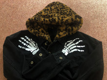 Load image into Gallery viewer, Misfits Leopardskin Fur Hooded Black Denim Jacket Crossed Arms Skeletal Hands Crimson Ghost
