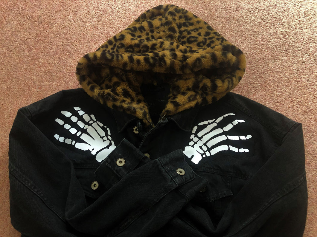Misfits Leopardskin Fur Hooded Black Denim Jacket Crossed Arms Skeletal Hands Crimson Ghost