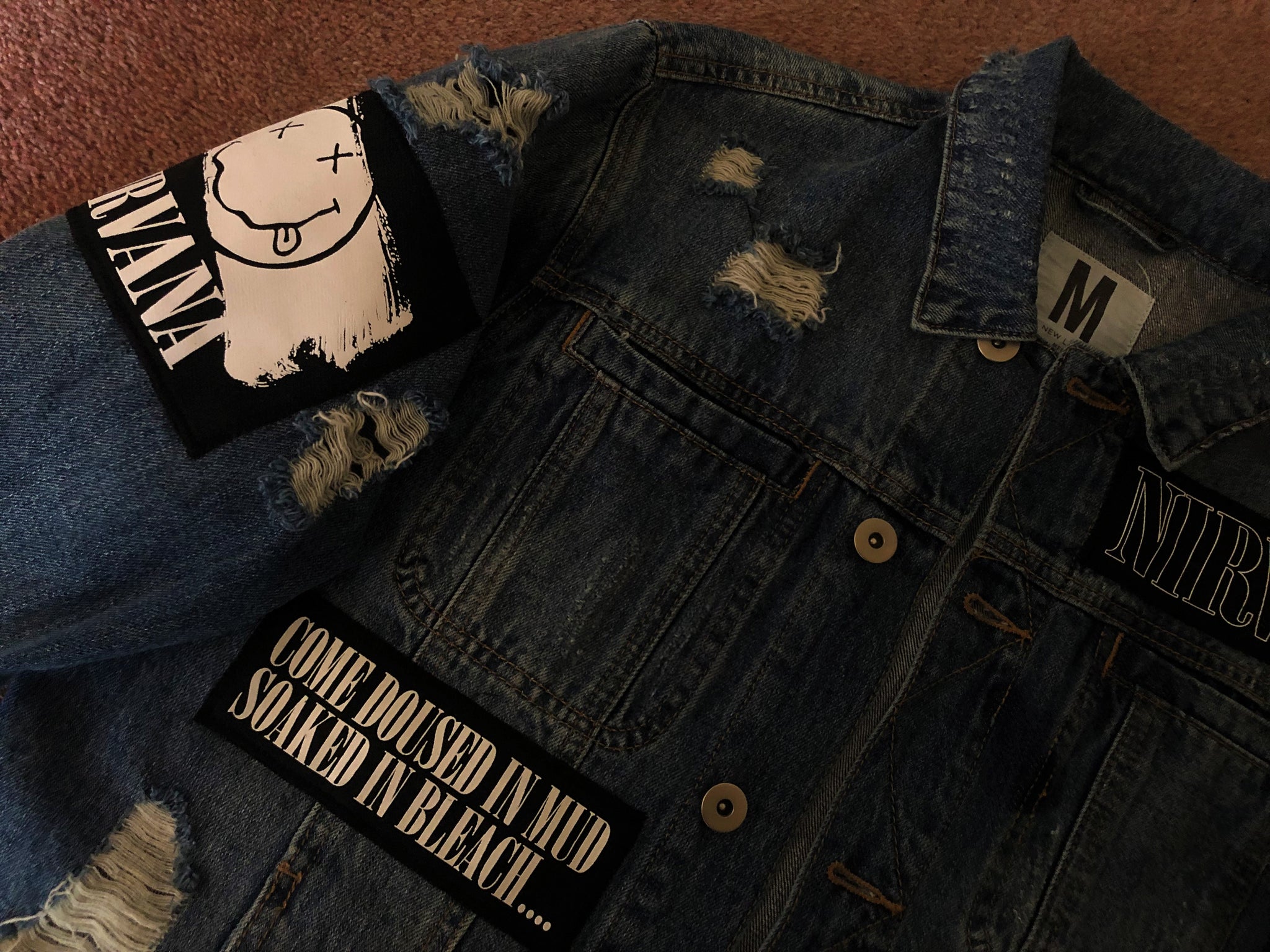 Nirvana Distressed Blue Denim Patch Jacket Come As You Are Smiley Angel