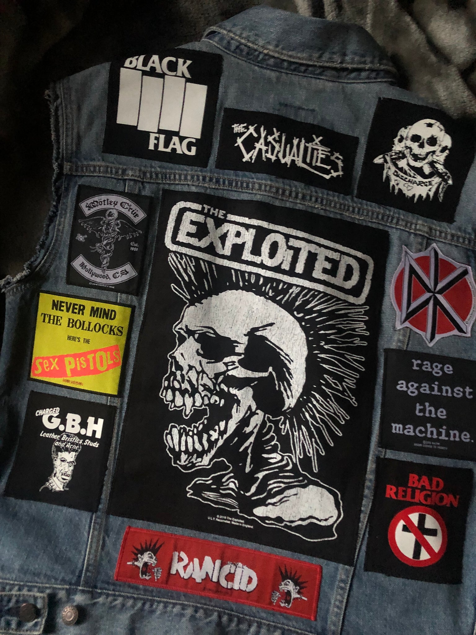 Distressed Punk Rock Black Denim Vest Cut-Off Battle Jacket