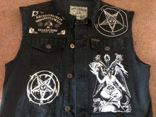 Load image into Gallery viewer, The Satanic Jacket: Hack Off Your Sleeves For Satan! Black Denim Cut-Off Battle Jacket
