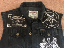 Load image into Gallery viewer, The Satanic Jacket: Hack Off Your Sleeves For Satan! Black Denim Cut-Off Battle Jacket
