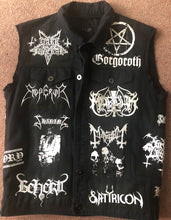 Load image into Gallery viewer, Black Metal Battle Jacket Cut-Off Denim Vest Satanic Warmaster Gorgoroth Archgoat Enslaved Mayhem
