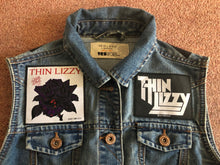 Load image into Gallery viewer, Thin Lizzy Black Rose Womens&#39; Denim Cut-Off Waistcoat Phil Lynott Silouette
