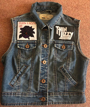 Load image into Gallery viewer, Thin Lizzy Black Rose Womens&#39; Denim Cut-Off Waistcoat Phil Lynott Silouette
