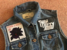 Load image into Gallery viewer, Thin Lizzy Black Rose Womens&#39; Denim Cut-Off Waistcoat Phil Lynott Silouette
