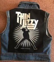 Load image into Gallery viewer, Thin Lizzy Black Rose Womens&#39; Denim Cut-Off Waistcoat Phil Lynott Silouette
