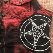 Load image into Gallery viewer, Satanic Jacket: Womens&#39; Black &#39;n&#39; Red Tie-Bleach Denim Cut-Off Pentagram Baphomet
