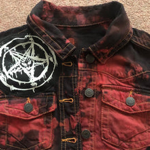 Load image into Gallery viewer, Satanic Jacket: Womens&#39; Black &#39;n&#39; Red Tie-Bleach Denim Cut-Off Pentagram Baphomet
